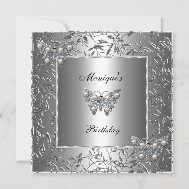 Invitación Elegante Cumpleaños Plata Floral Mariposa Jewel 2a (Anverso)