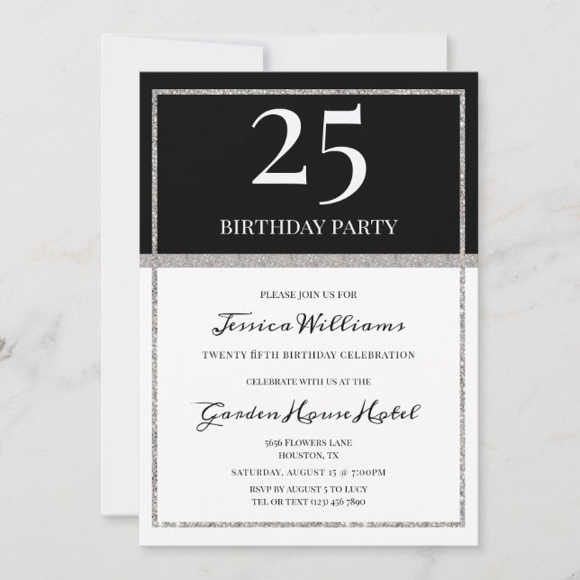 Invitación Elegante cumpleaños plateado y negro (Anverso)