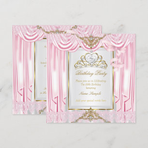 Invitación Elegante Cumpleaños Princesa Rosa Dorado Blanco Fi