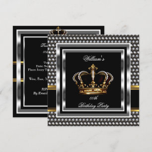 Invitación Elegante Cumpleaños Príncipe Rey Negro Plateado Ho