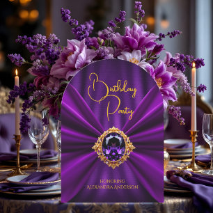 Invitación Elegante Cumpleaños Púrpura Dorado Falso Seda