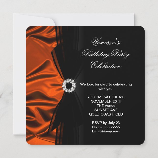 Invitación Elegante cumpleaños quemado Naranja seda luce negr (Anverso)
