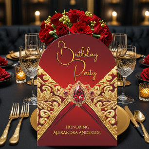 Invitación Elegante Cumpleaños Regal Red Gold Jewel Fabric