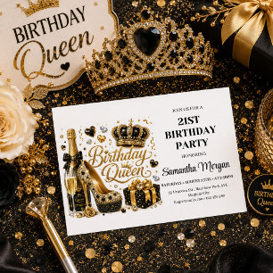 Invitación Elegante Cumpleaños Reina Fiesta Confeti Negro Oro