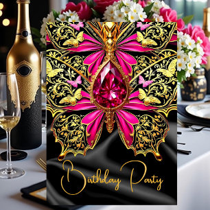 Invitación Elegante Cumpleaños Rosa Fucsia Negro Dorado Joya