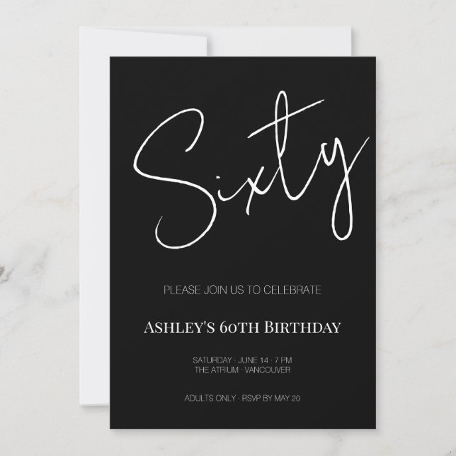 Invitación Elegante Cumpleaños Sesenta 60 Negro y Blanco (Anverso)