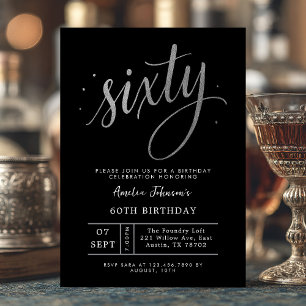 Invitación Elegante Cumpleaños Sesenta 60 Negro y Plata