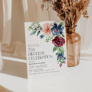 Invitación Elegante Cumpleaños Sorpresa 75 Floral Acuarela