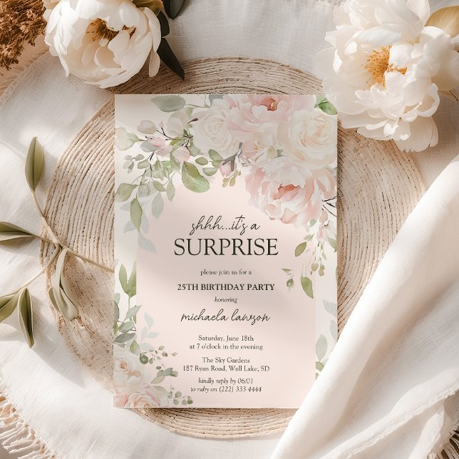 Invitación Elegante Cumpleaños Sorpresa Floral Rosa Shhh.. (Subido por el creador)