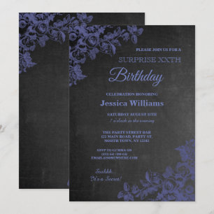 Invitación Elegante Cumpleaños Sorpresa Pizarra Floral Azul