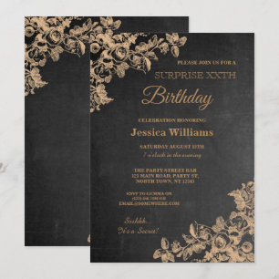 Invitación Elegante Cumpleaños Sorpresa Pizarra Floral Dorada