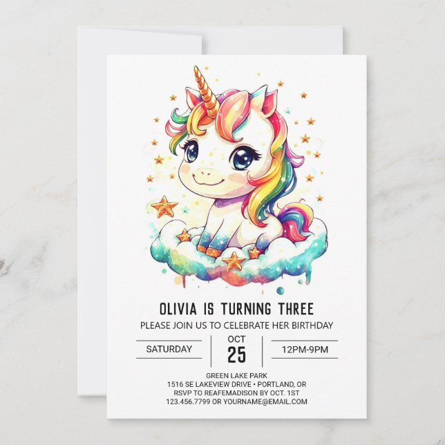 Invitación Elegante cumpleaños suntuoso de Unicornio (Anverso)
