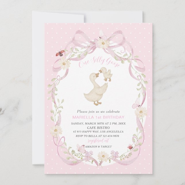 Invitación Elegante cumpleaños uno 1.º Ganso tonto acuarela (Anverso)