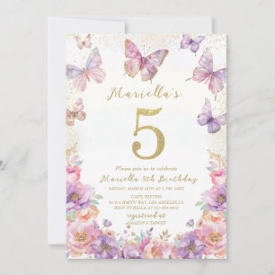 Invitación Elegante cumpleaños uno quinto Mariposa Niña Acuar