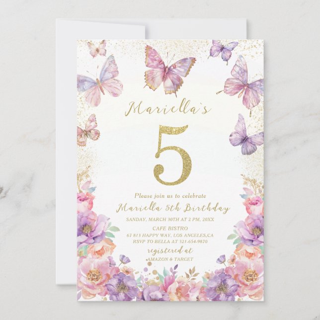 Invitación Elegante cumpleaños uno quinto Mariposa Niña Acuar (Anverso)
