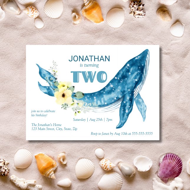 Invitación Elegante Cute Blue Whale Amarillo Floral Segundo c (Subido por el creador)