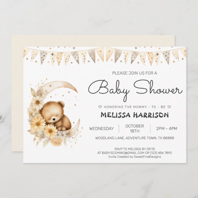 Invitación Elegante Cute Boho Bear Baby Shower (Anverso / Reverso)