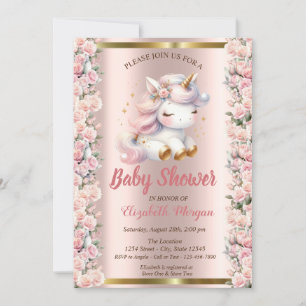 Invitación Elegante Cute Unicornio Rosas Rosa Dorado Baby Sho