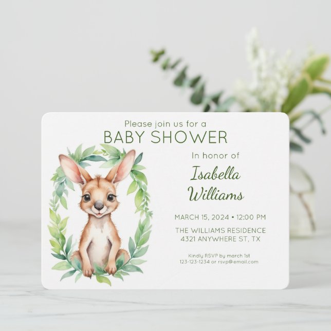 Invitación Elegante Cute Watercolor Kangaroo Baby Shower (Anverso de pie)