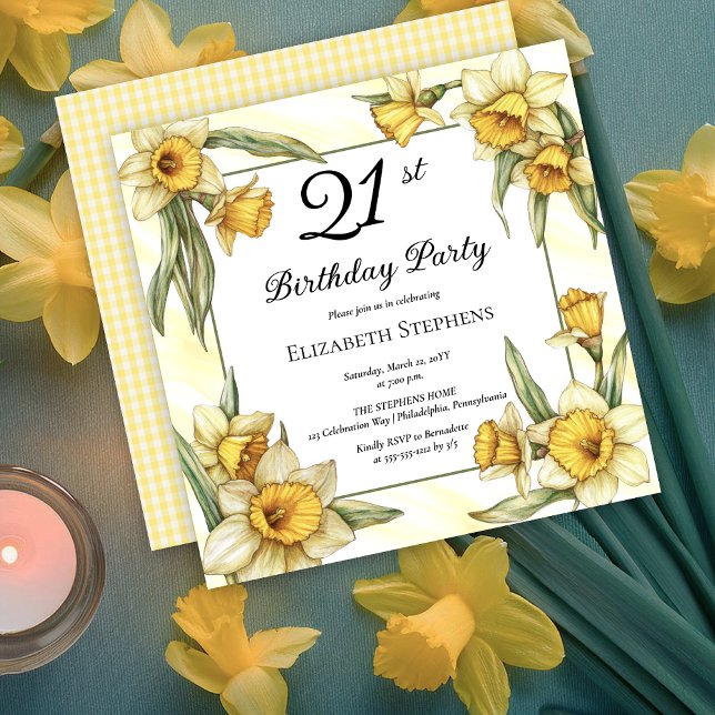 Invitación Elegante Daffodils Amarillo Floral 21º cumpleaños (Elegant Yellow Daffodils Floral 21st Birthday Party Invitation -- Print | Download)