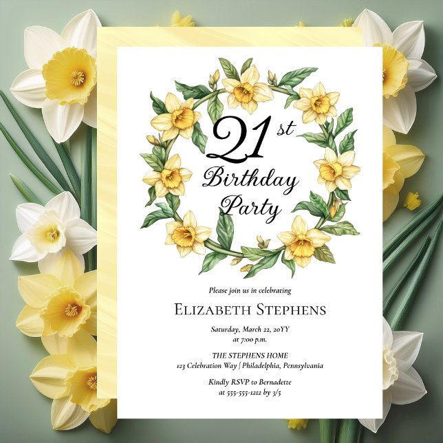 Invitación Elegante Daffodils Amarillo Floral 21º cumpleaños (Elegant Yellow Daffodils Floral 21st Birthday Party Invitation - Print and/or Digital Download)