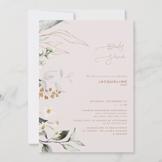 Invitación Elegante Daisy Botánico Rubor Bridal Shower (Anverso)