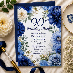 Invitación Elegante Dalia Floral Azul Cumpleaños 90