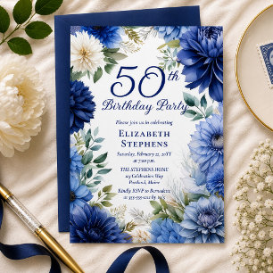 Invitación Elegante Dalia Floral Azul Fiesta de Cumpleaños 50