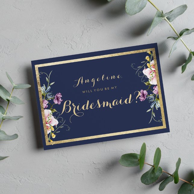 Invitación Elegante dama de honor azul marino dorado rosa flo (Elegant navy blue gold pink floral Bridesmaid )