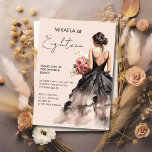 Invitación Elegante Dama en Black Gown 18th Birthday Party<br><div class="desc">Celebra tu ocasión especial con nuestra elegante invitación a la fiesta de cumpleaños número 18. Este bonito diseño cuenta con una elegante dama de traje negro, adornada con una sencilla corbata de pelo, con tonos de melocotón rosa y flores de marfil sobre un fondo de melocotón claro. El exquisito guión...</div>