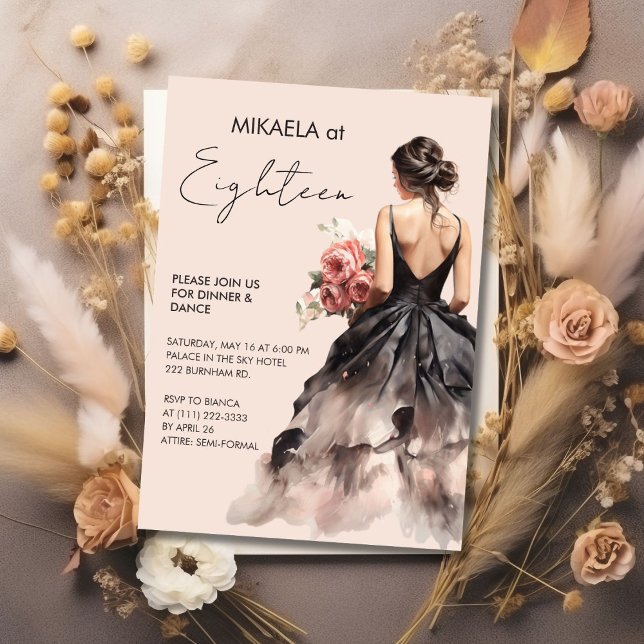 Invitación Elegante Dama en Black Gown 18th Birthday Party (Subido por el creador)