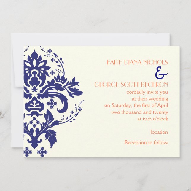 Invitación Elegante damasco azul marino, coral, boda de marfi (Anverso)