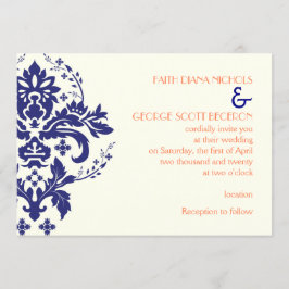 Invitación Elegante damasco azul marino, coral, boda de marfi