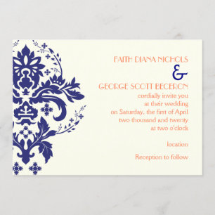 Invitación Elegante damasco azul marino, coral, boda de marfi
