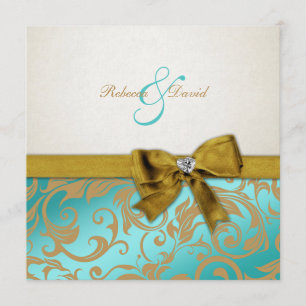 Invitación Elegante Damasco azul Verde azulado con arco de di