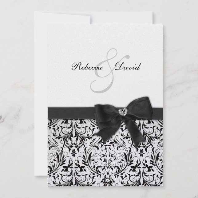 Invitación Elegante Damasco blanco y negro con arco de diaman (Anverso)