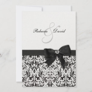 Invitación Elegante Damasco blanco y negro con arco de diaman