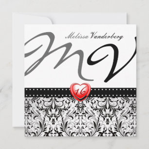 Invitación Elegante Damasco blanco y negro Dieciséis