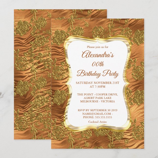 Invitación Elegante Damasco de Cobre de Oro de la Fiesta del  (Anverso / Reverso)