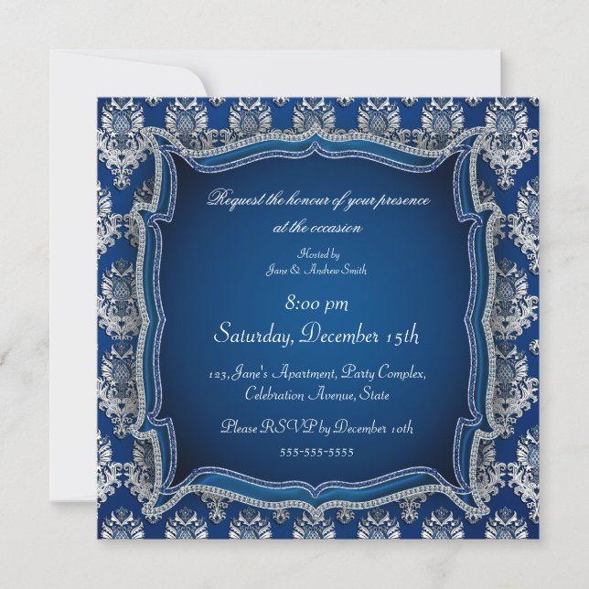 Invitación Elegante damasco de joyas azules cualquier invitac (Anverso)