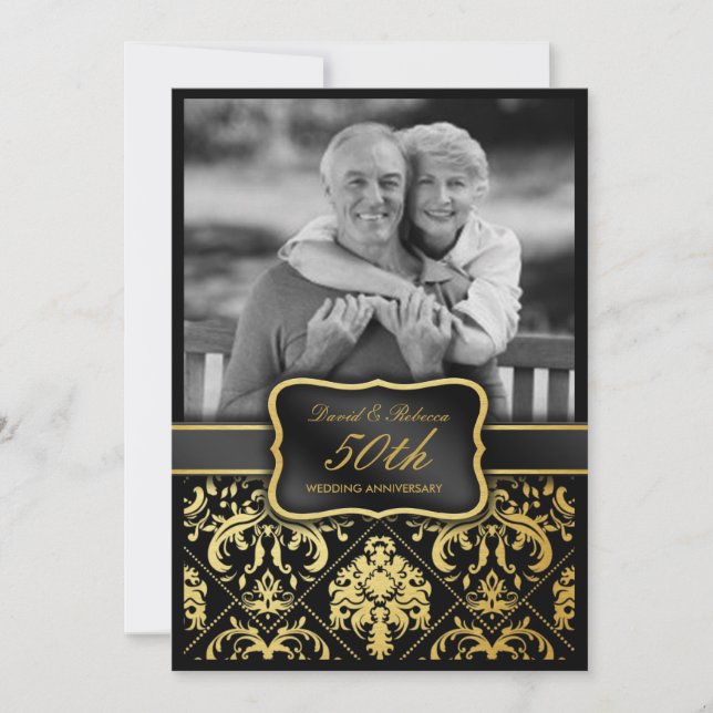 Invitación Elegante Damasco de Oro 50 Aniversario Boda (Anverso)