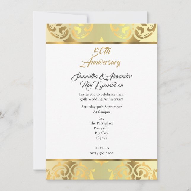 Invitación Elegante damasco de oro aniversario de bodas de 50 (Anverso)
