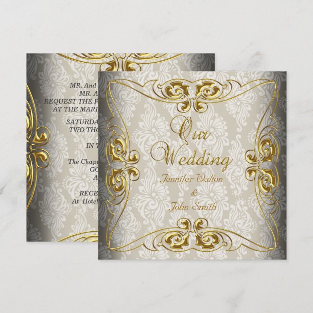Invitación Elegante Damasco de Oro Beige (Anverso / Reverso)