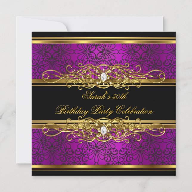 Invitación Elegante Damasco de Oro de Oro de Pluma Rosa en la (Anverso)