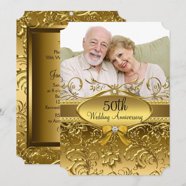 Invitación Elegante Damasco de Oro Foto 50 años (Anverso / Reverso)