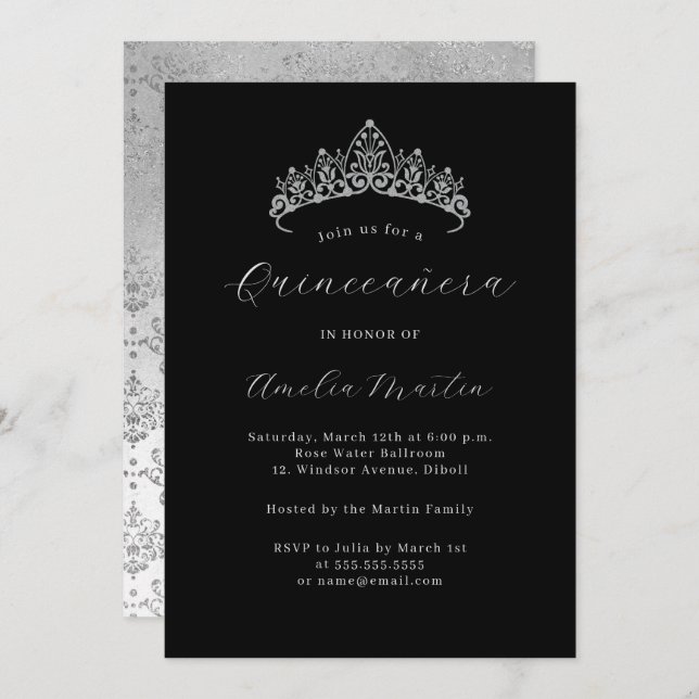 Invitación Elegante Damasco de Plata Negra Tiara Quinceanera (Anverso / Reverso)
