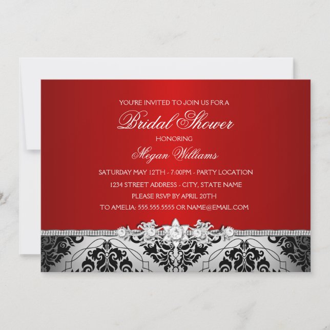 Invitación Elegante Damasco de Plata Roja y Ducha de Novias J (Anverso)