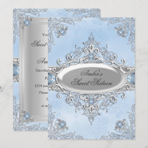 Invitación Elegante damasco de plata y joya azul Sweet Sixtee