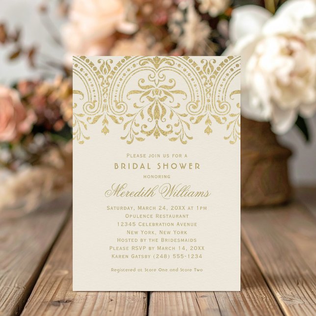 Invitación Elegante Damasco Dorado Regadera de Boda de Marfil (Subido por el creador)