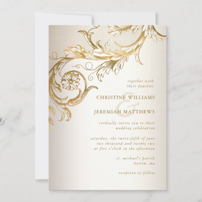 Invitación Elegante Damasco Floral Oro Todo En Un Boda RSVP (Anverso)